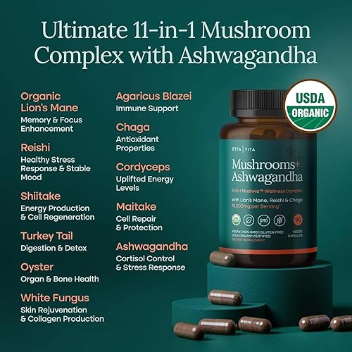 Miniatura 2 de USDA Organic Lions Mane Suplemento Cápsulas con Ashwagandha, Chaga, Reishi, Cordyceps, cola de pavo (18,600 mg/serv), 10 complejos adaptogénicos de
