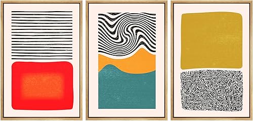 SIGNWIN Lienzo enmarcado para pared, juego de arte de bloques de color de mediados de siglo y espirales, formas abstractas, ilustraciones, arte