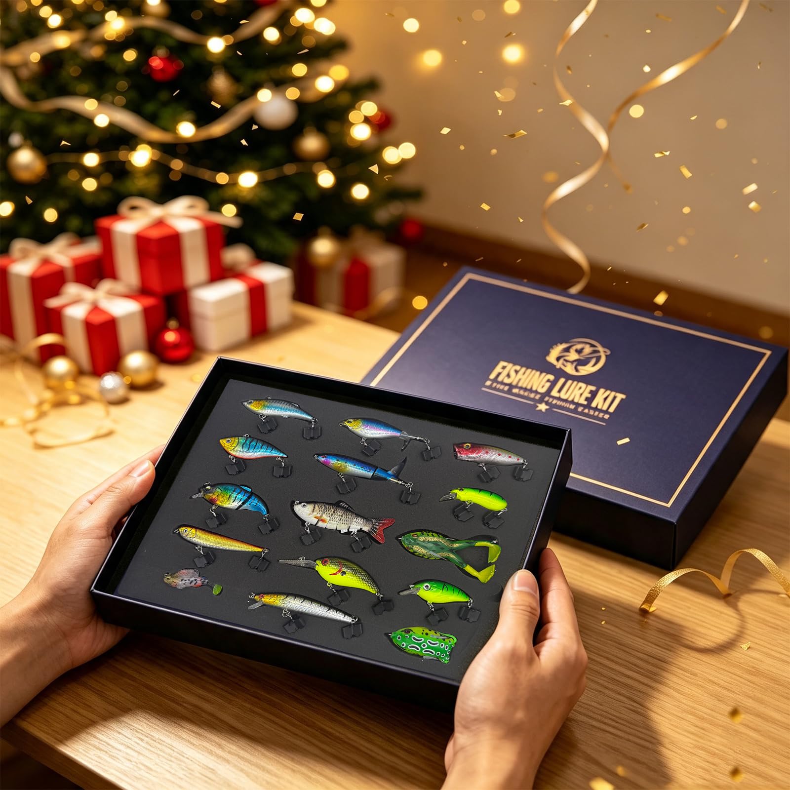 Angel-Geschenk für Männer, 15-teiliges Angelköder-Set für Barsch, Forelle, Hecht, Lachs, Angelköder, Geschenk-Set mit Premium-Geschenk-Box, Süß- und Salzwasser-Angelausrüstung, Geschenke für Männer