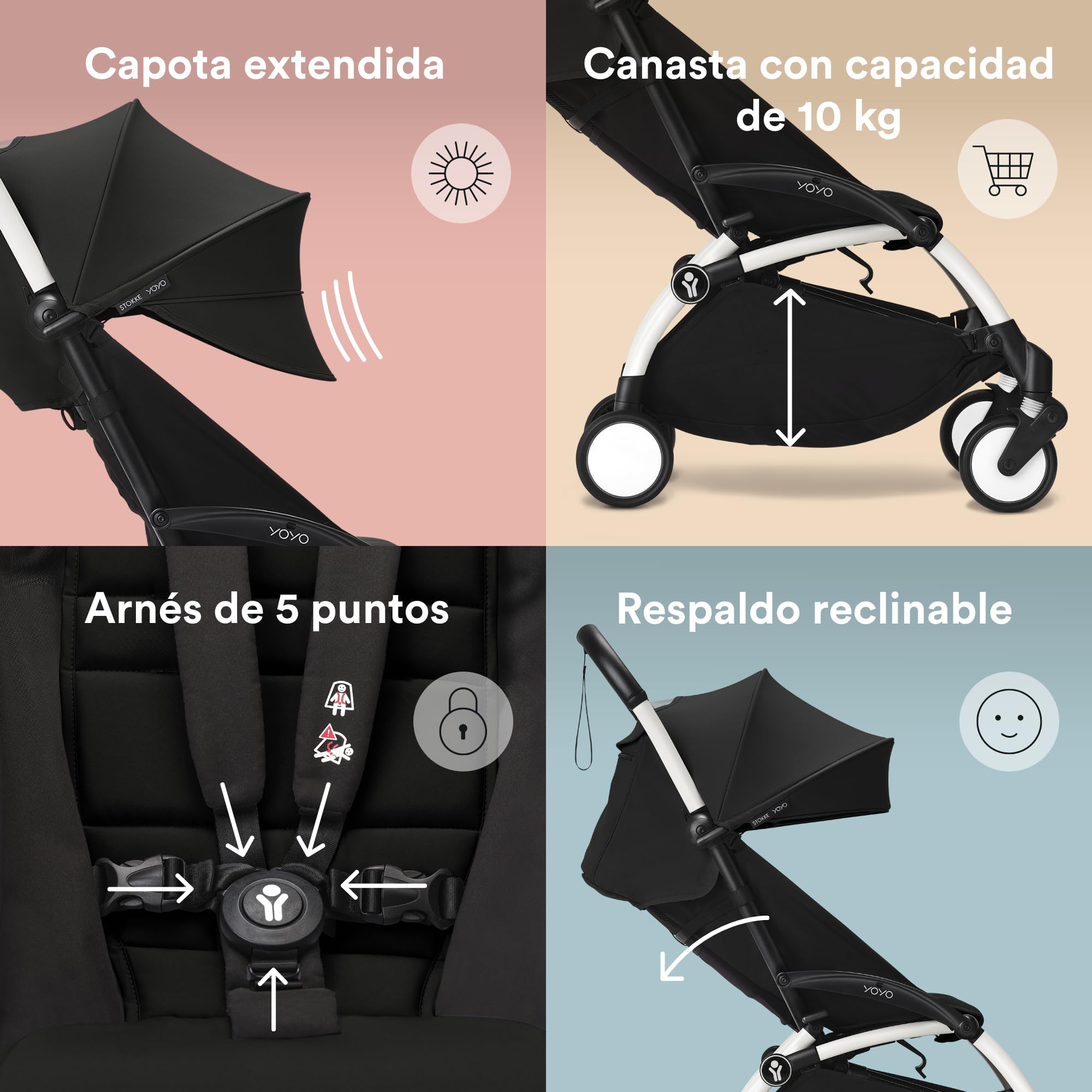 Cochecito Stokke YOYO3 a partir de 6 meses - Incluye chasis blanco / cojín de asiento negro + dosel - Se pliega y despliega en un instante - Ligero y compacto - Compatible con equipaje de mano