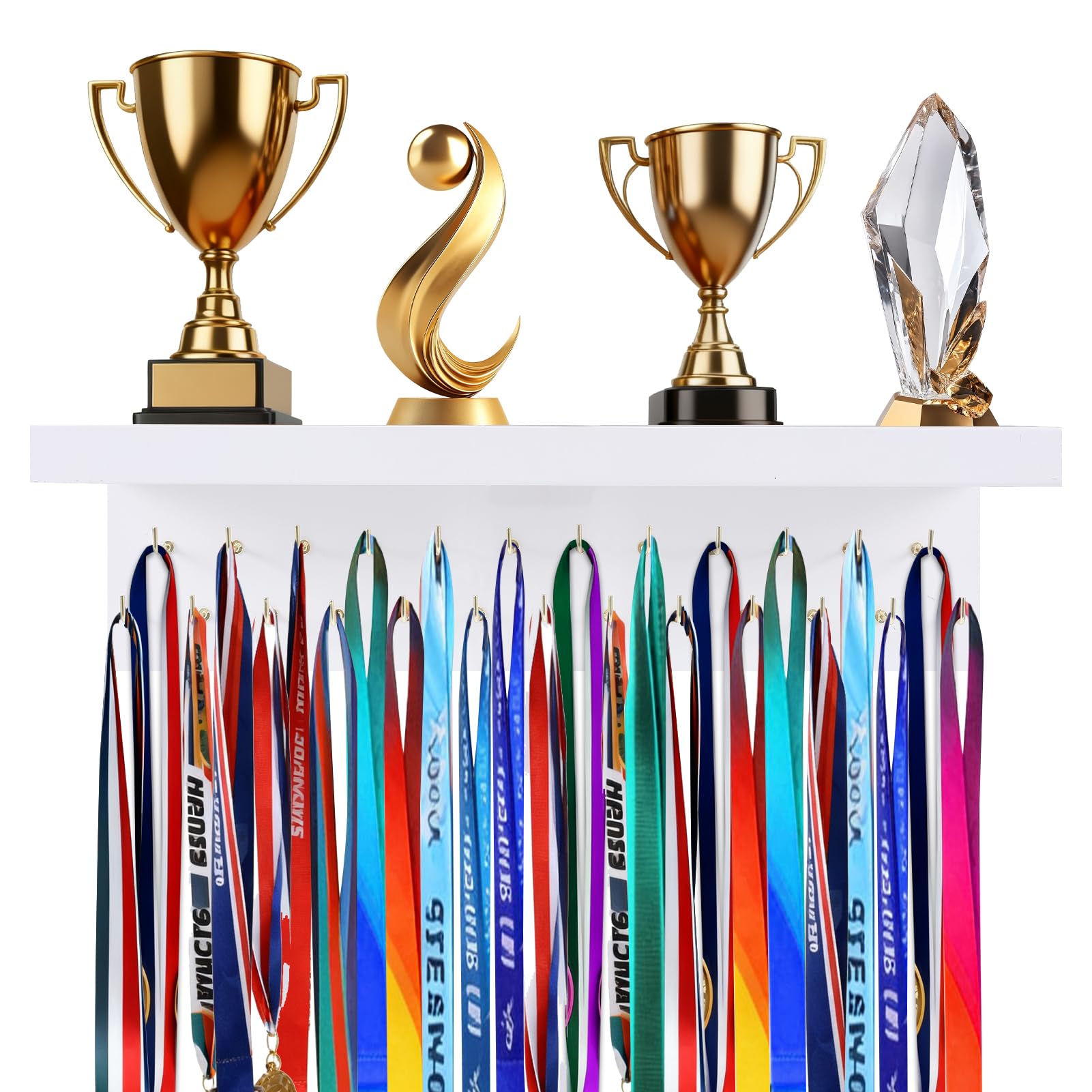 YEXEXINM White Medal Hangers Display Holder Rack with 25 Hooks Wooden Race Trophy Shelf Wall Mount Organizer for Trophies Awards Medals Ribbons Sports Lover Gift