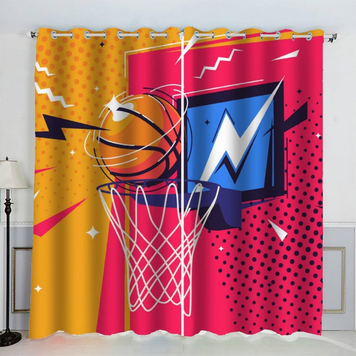 AKATIE Blackout Curtain Basketball Kid Insulated Drapes Color Hand Drawn 3D Print Eyelet Window Curtains for Boys Girls Teens Children kids Bedroom Set of 2 Panels (W150xL166cm)