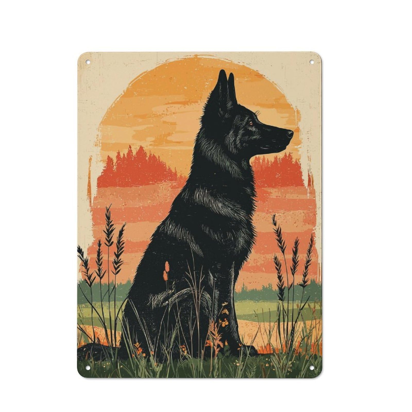 Junmoney German Shepherd Silhouette Sunset Tin Wall Plaque 40X30cm With For Guest Room Or Hallway, For Metal Sign Collectors, For Garage And Workshop Walls
