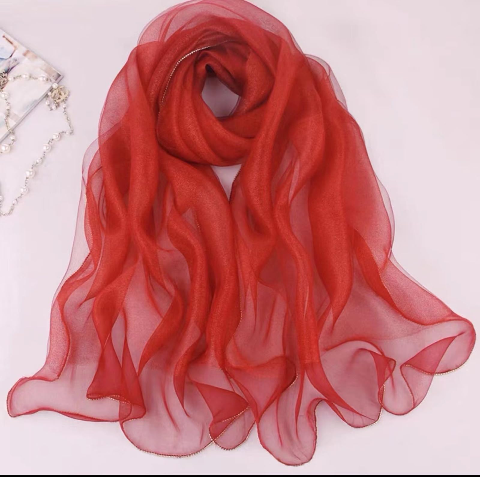 AHTCPO Fashion Scarves, Satin Silk Scarf, Long Lightweight Sunscreen Shawls Wraps, Women Hair Scarves(Red)