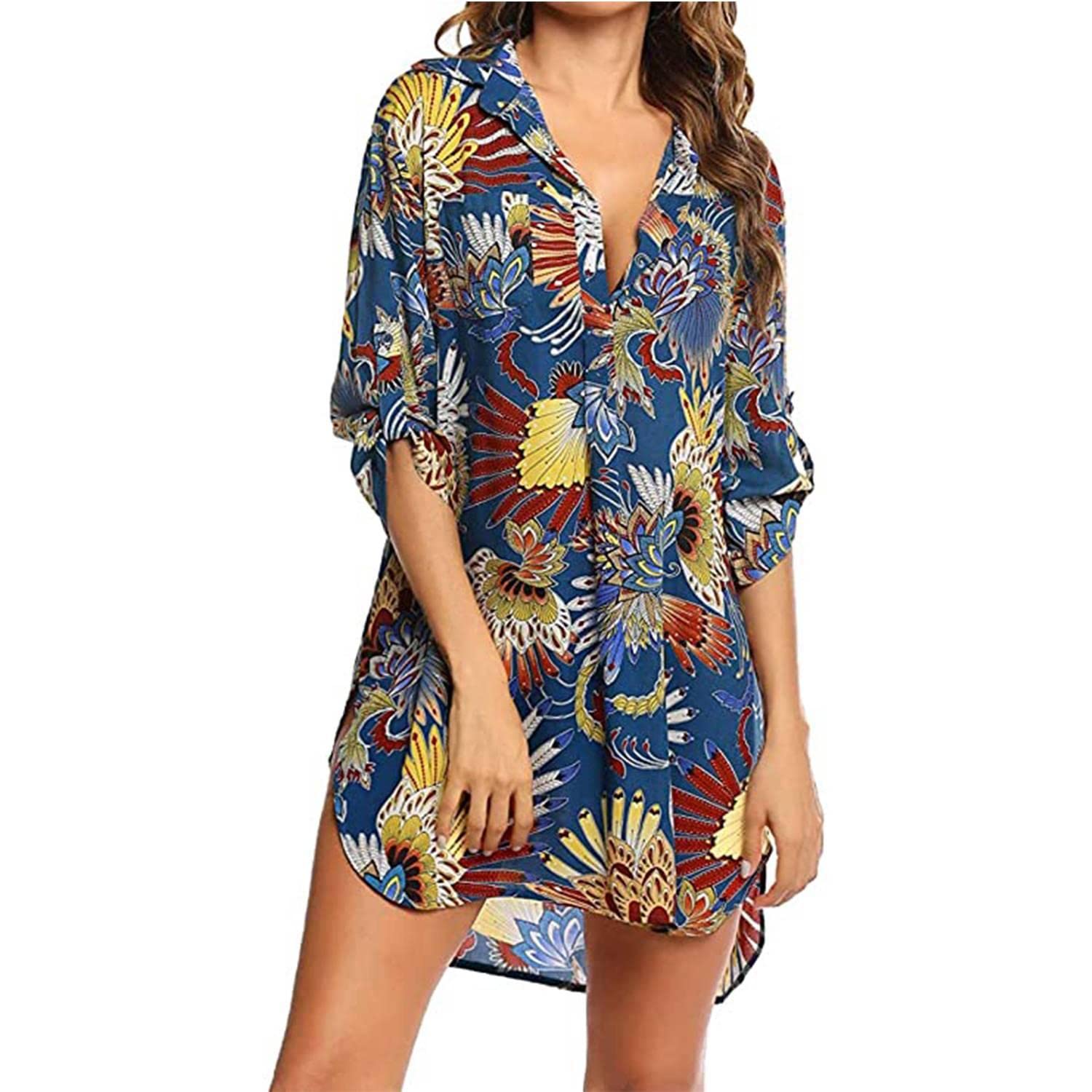 TBSCWYF Cuello en V Pareos Playa Vestido de Playa Camisero de Manga Corta Mujer Camisa Suelta Vestido Pareo Playa Ropa de Baño Playa Bikini Cover up