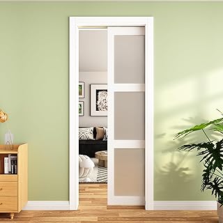 JUBEST Pocket Door 36"x96", 3-Panel Tempered Frosted Glass Sliding Pocket Door with Soft Close Hardware Kit, Sturdy Solid Wood & MDF with Water-Proof PVC Surface, Assembly Needed, White