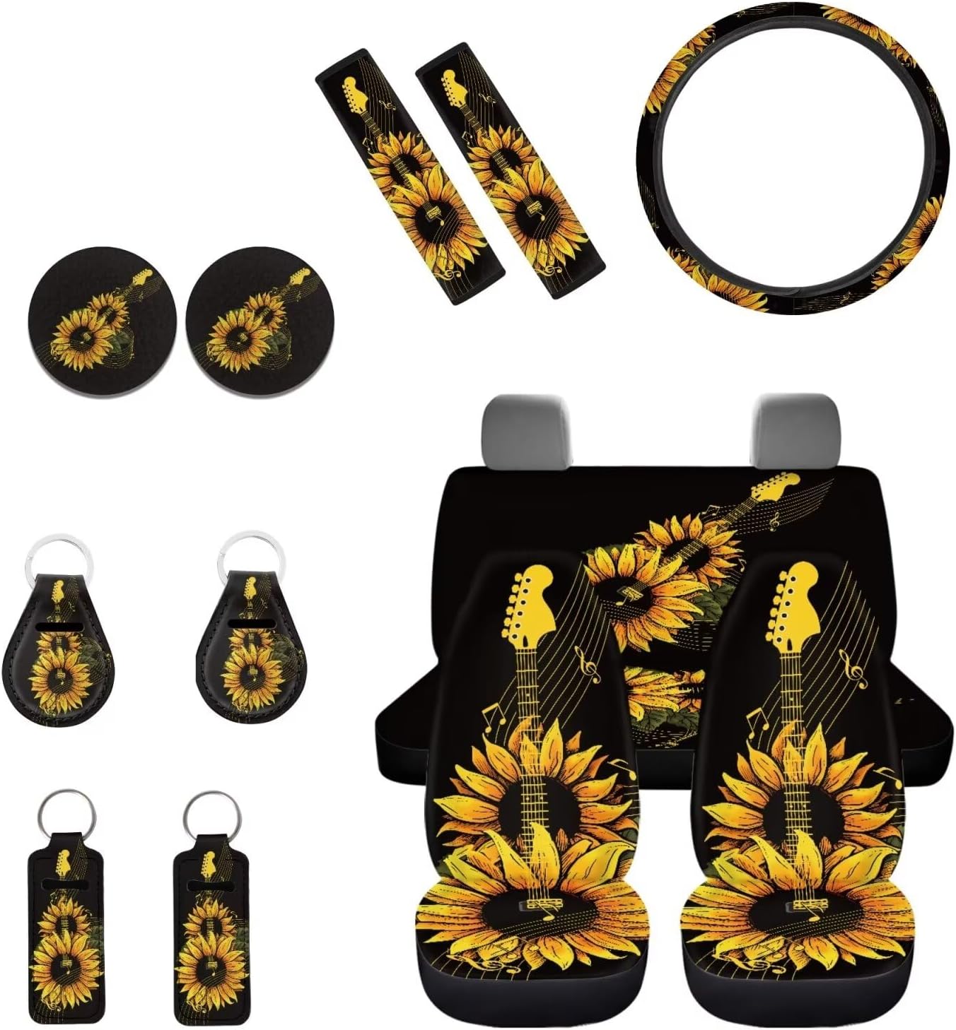 INSTANTARTS Highland Cow Sunflower 13 Pieces Seat Cover Set Car Front Seat Cover + Seat Belt Cover + Steering Wheel Cover + Keychain + Coaster + Lipstick Cover Universal Car Accessories