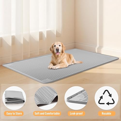 Miniatura 2 de Tapete de silicona para cama de perro, de 57 x 40 pulgadas, para jaulas de perro, alfombrilla para perrera con borde elevado, lavable, impermeable,