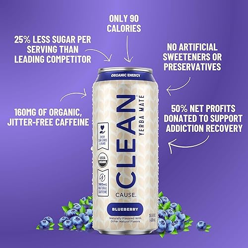 Miniatura 4 de CLEAN Cause Blueberry USDA Té orgánico de yerba mate (latas de 15.5 onzas, paquete de 12 cajas) sin gas, 160 mg de cafeína
