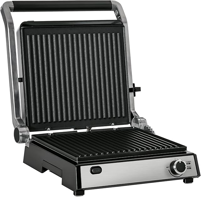 HOMCOM Health Grill Panini Press, 4 Slice Toastie Machine, 2000W Electric Non-stick Grill W 180 Degree Flat Open, Drip Tray, Removable Plate, Spatula and Adjustable Temperature, Sandwich Toaster Maker