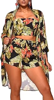 Womens Hawaiian Outfits 3 Piece Swimsuit Summer Beach Cover Ups Floral Kimono Cardigans Swimwear