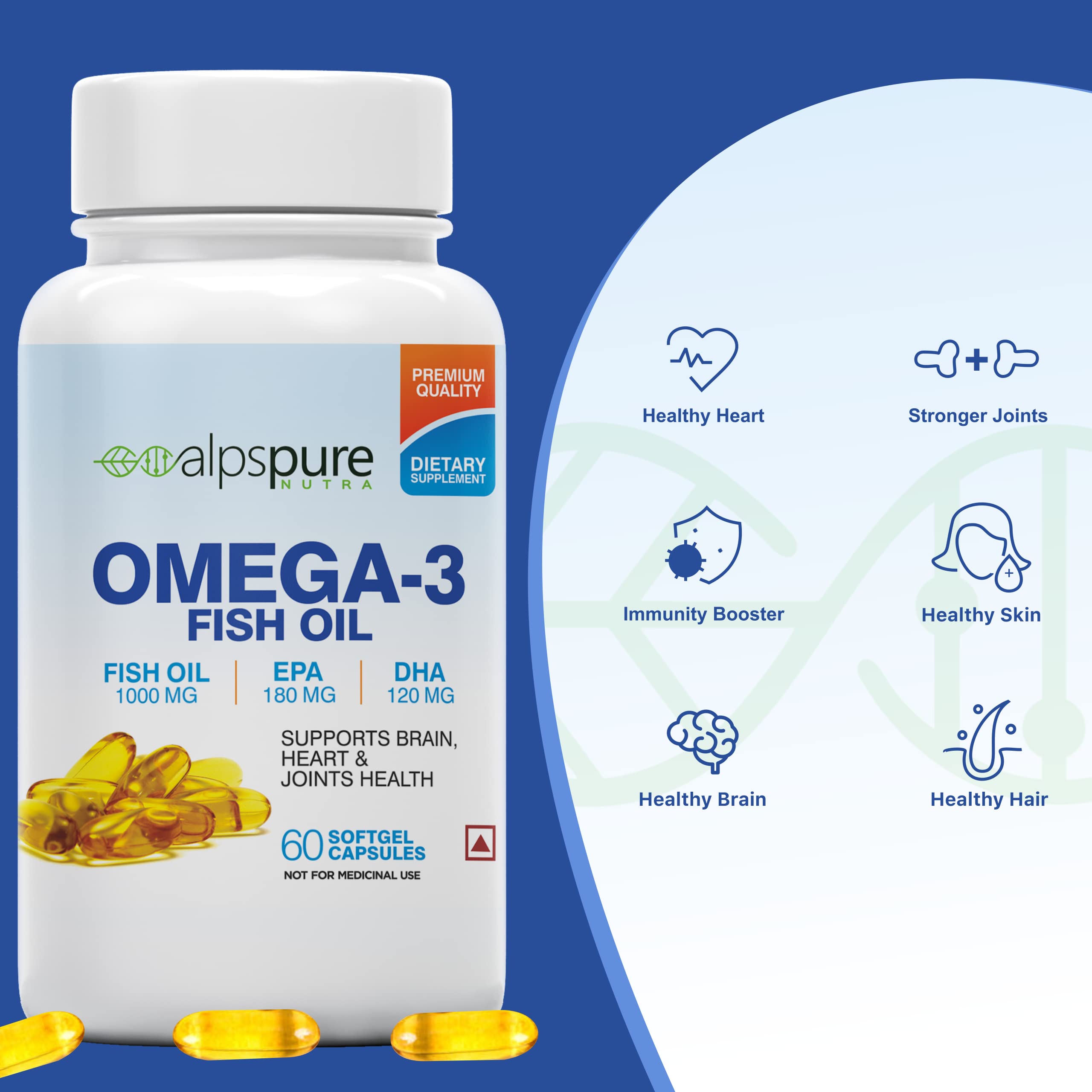 Alpspure Nutra Omega 3 Fish Oil 1000 Mg Fatty Acid Capsules || 60 Softgels | 180Mg EPA & 120Mg DHA | Supports Healthy Heart, Joints, Skin, Brain & Eyes | For Men & Women | Omega3 fatty acids - Image 4 thumbnail