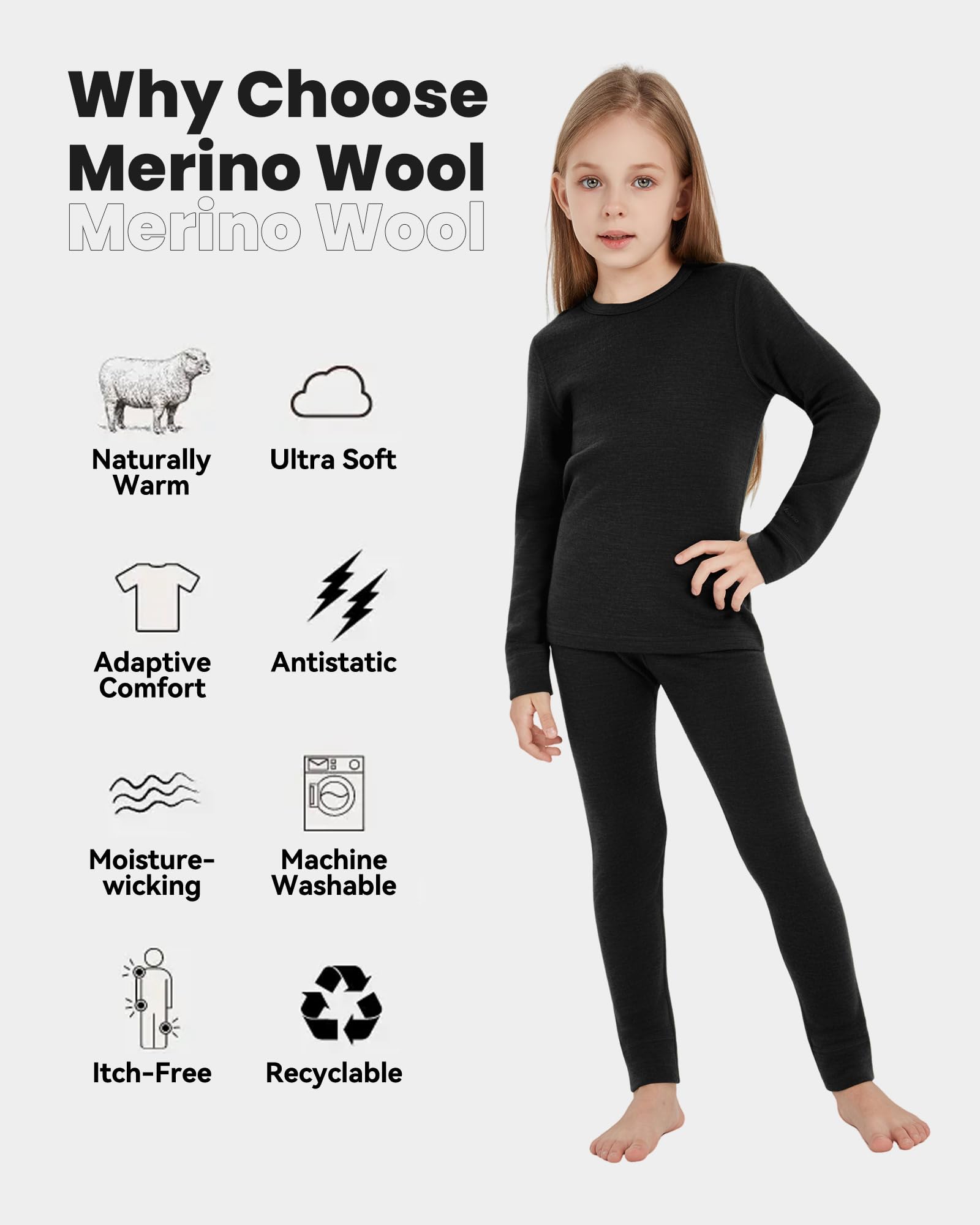 Bielizna termiczna dla dzieci, unisex, 100% wełna z merynosów, zestaw dla chłopców i dziewczynek, bielizna narciarska na zimę, ciepła i wygodna, 260 g/m², czarna 11-12