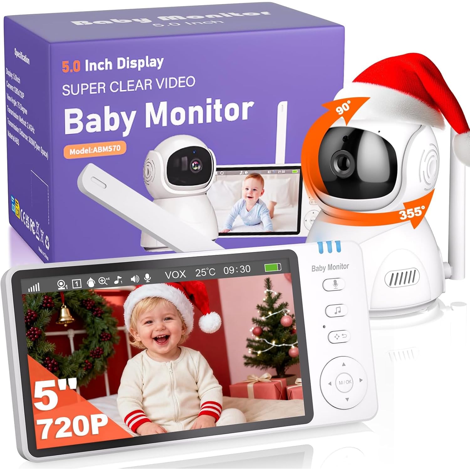 Sebikam 5-inch Babyfoon met Camera, 720P HD Scherm, 4000mAh Batterij, PTZ 355°, VOX-modus, Nachtzicht, Tweewegcommunicatie, Intercomfunctie, Temperatuursensor, Slaapliedjes