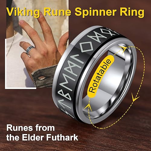 Miniatura 2 de ChainsProMax Puede grabar anillos giratorios de runa vikinga para hombresmujeres, tamaño #7-#14, anillo de cadena de eslabones de acero inoxidable,