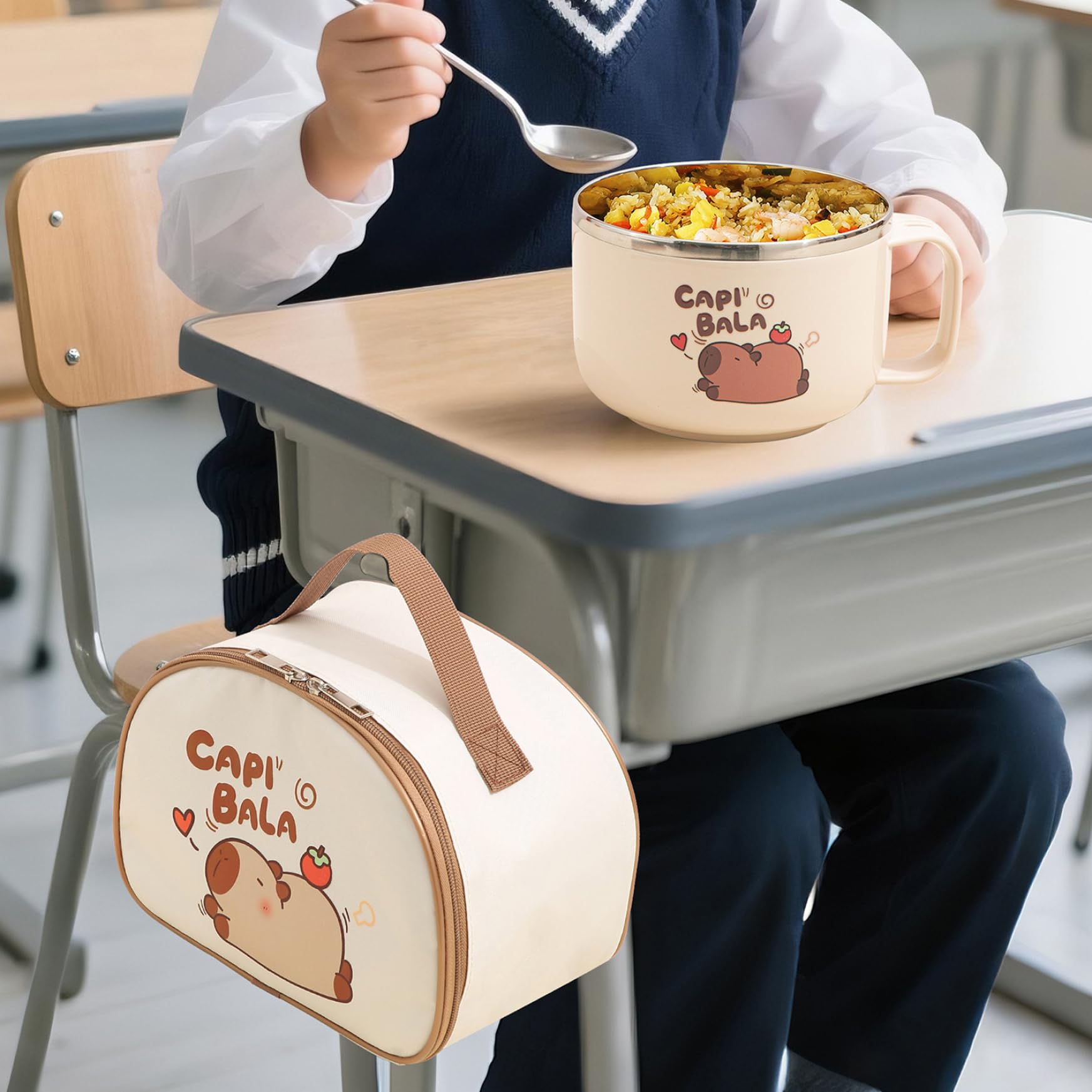 Ramen-Schüssel, mikrowellengeeignet, 800 ml, Capybara-Edelstahl-Suppenschüssel mit Deckel, Tasche und Geschirr, tragbarer Ramen-Kocher für Nudeln, Knödel, Salate, Instant-Nudeln