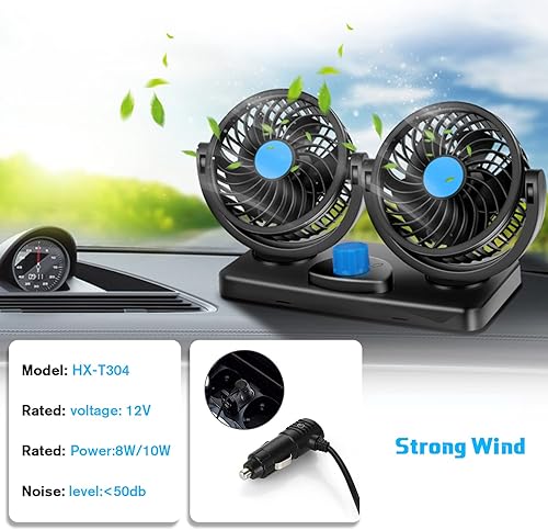 Miniatura 5 de Showvigor Ventilador de coche de 12 V, eléctrico ajustable de doble cabeza, silencioso y fuerte, ventilador de refrigeración de tablero de