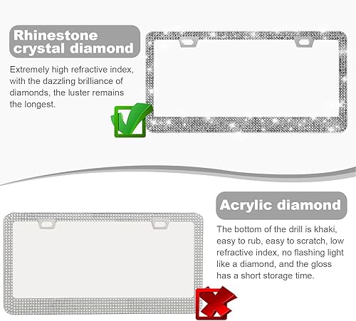 Vista 101 de Paquete de 2 marcos de matrícula brillantes para mujer, accesorios de automóvil con diamantes de imitación brillantes con tapas de cristal con Blanco