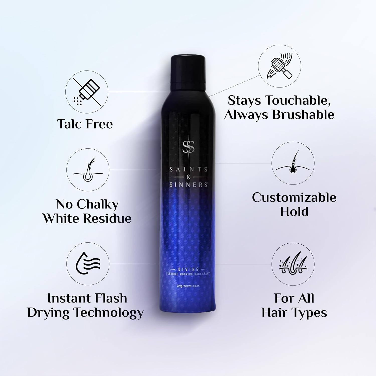 Saints & Sinners Divine Flexible Working Hair Spray for Long-Lasting Volume, Styling, Thickening, Touchable, Brushable, Maximum Hold