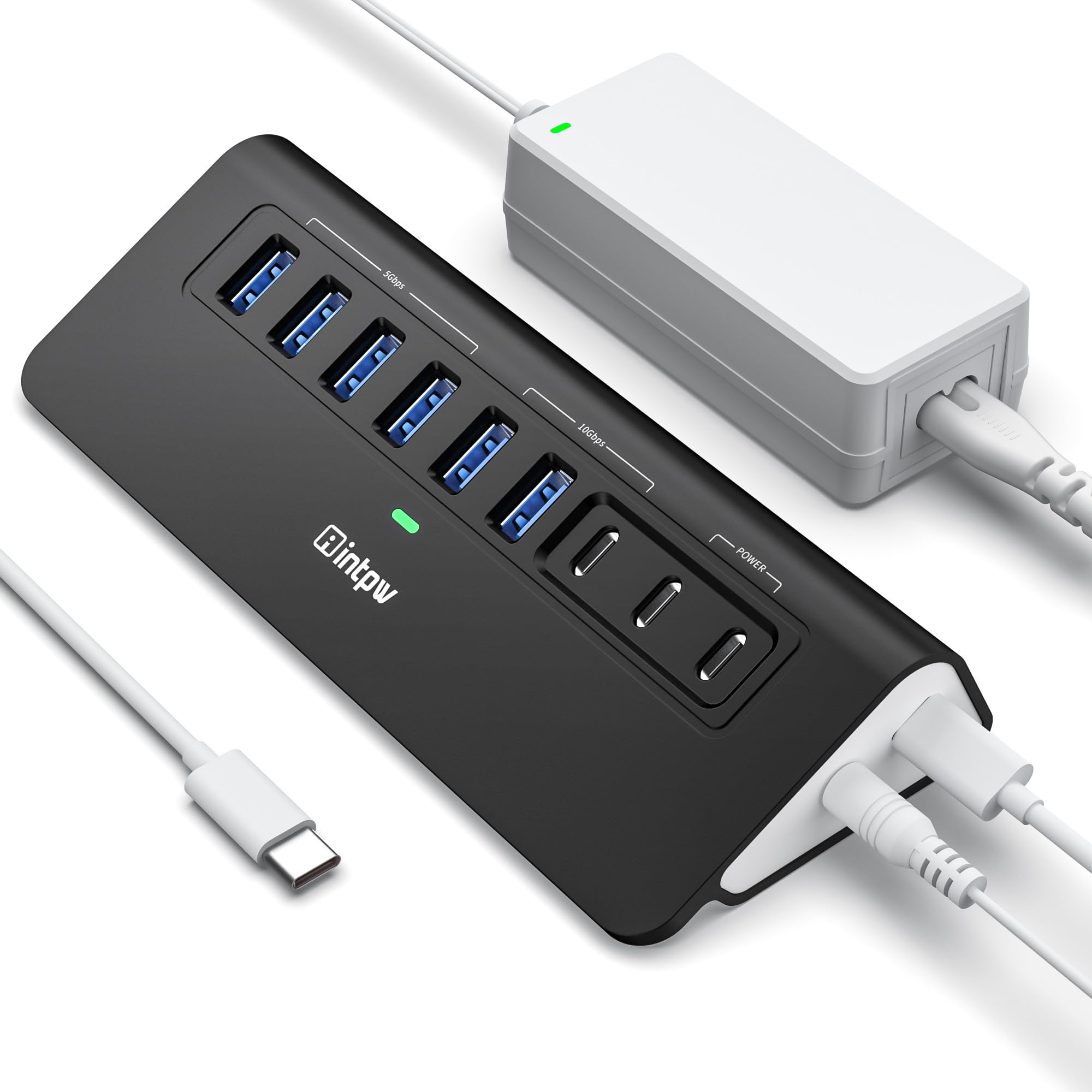 intpw Hub USB alimentato da 10 Gbps, hub USB 3.2 a 9 porte, hub USB C con 3 USB 3.2, 4 USB 3.0, 2 porte di ricarica PD da 45 W, cavo da 3,3 m e adattatore di alimentazione da 65 W, hub USB in