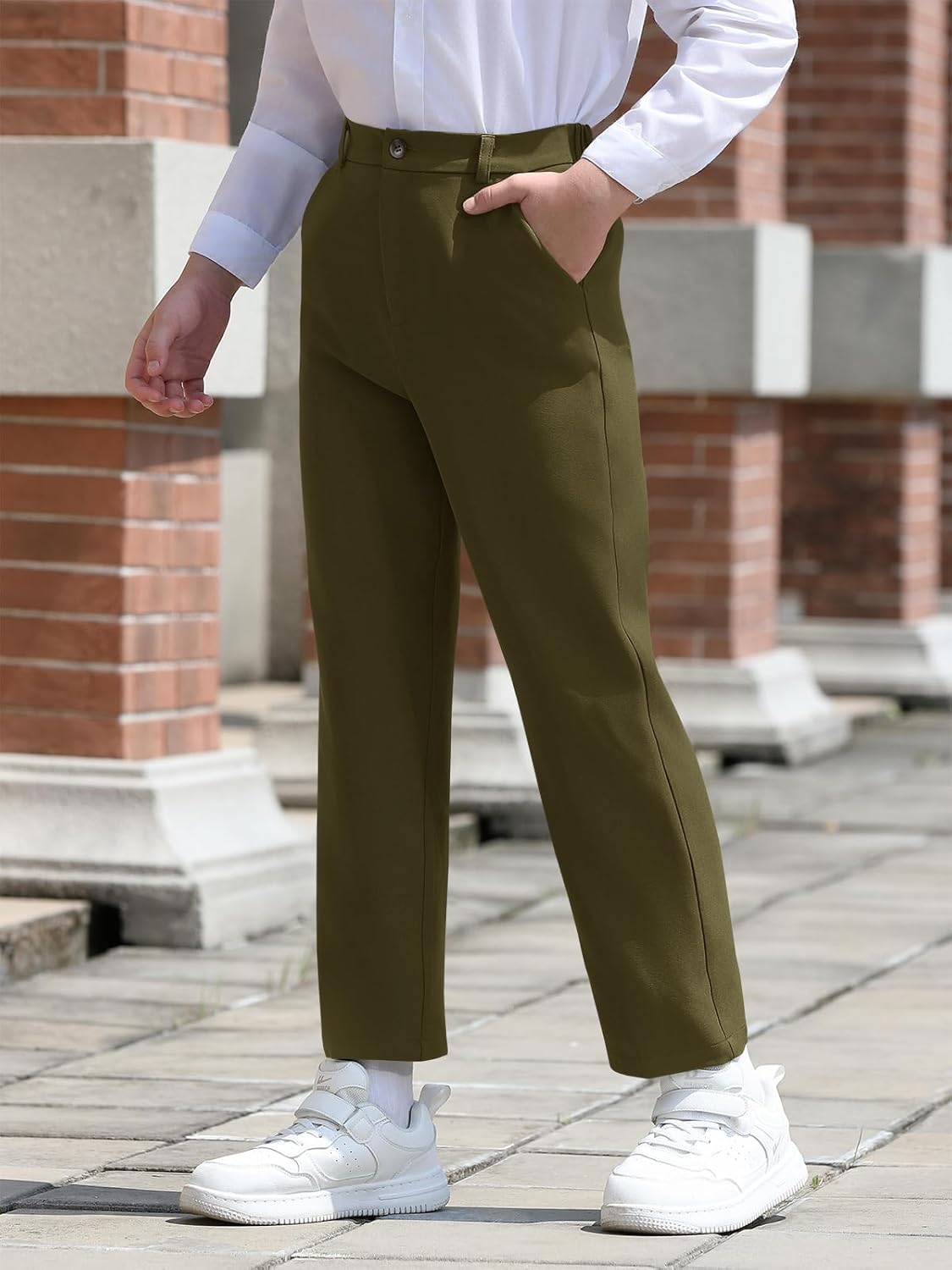 Haloumoning Boys Dress Pants Kids Elastic Waist Straight Leg Uniform Pants Casual Trousers with Pockets - Image 3