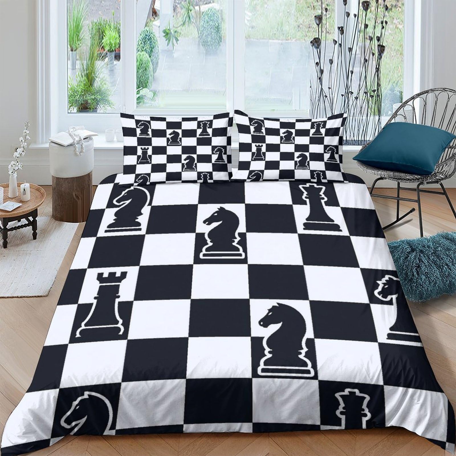 GPLZQXKJNH 3D Printed Chess Board Duvet Cover Set Microfiber Black White Bedding Set with 2 Pillowcases for Bedroom Decor Single（135x200cm）