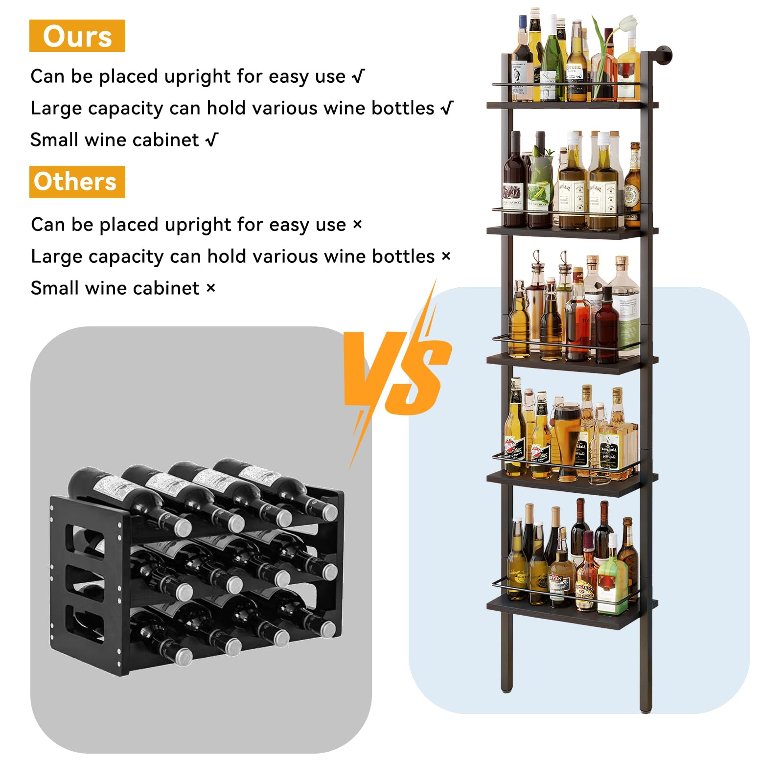 YMYNY 5-Tier freistehende Weinregale, Liquor Flasche Display Regal mit Zäunen, Wand montierte schwimmende Regal Lagerstand für Küche, Esszimmer, 43 x 20 x 177 cm Schwarz HWR001B