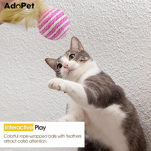 Miniatura 4 de 3 bolas de juguete para gatos con plumas, pelotas interactivas envueltas en cuerda para gatos de interior, juguetes duraderos para rascar (amarillo,