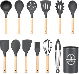 Silicone Kitchen Utensils Set with Holder, 12 Piece Wooden Handle Cooking Tools, Heat Resistant 230C Non Stick Spatula, Ladle, Whisk, Tongs and Pasta Server, Dishwasher Safe, Grey