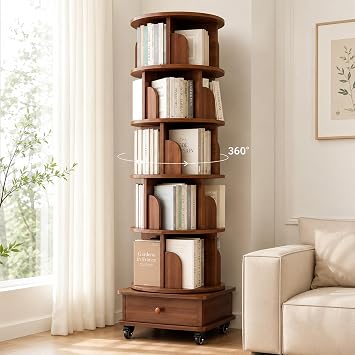 6 Tier Rotating Bookshelf with Cabinet On Wheel, 360 Display Spinning Corner Book Shelf Tower, Narrow Tall Bookshelves, Small Revolving Bookcase, Wooden Book Shelf Standing Storage Rack