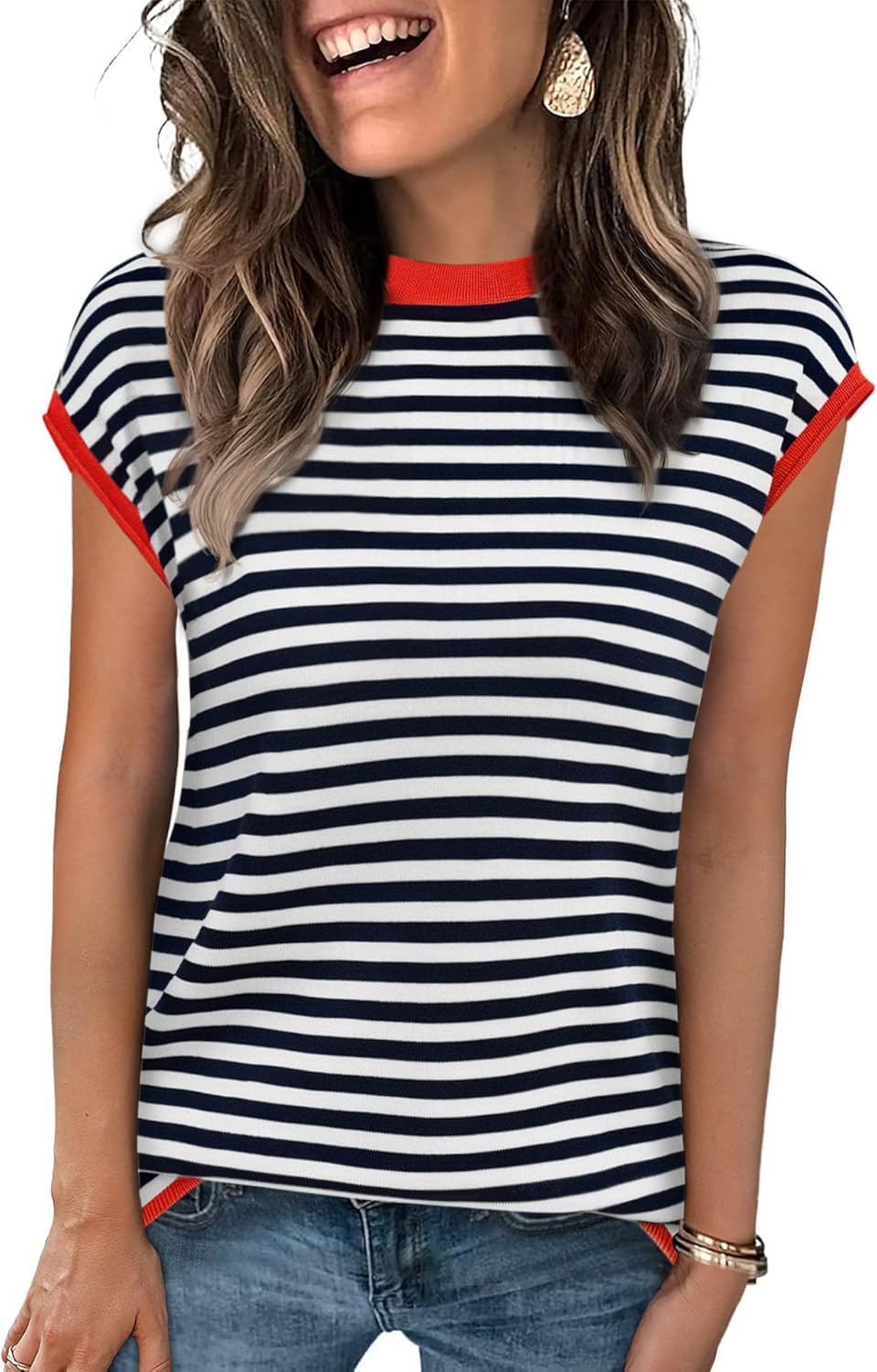 Cap Sleeve Tops for Women Summer Striped Short Sleeve Sweater Top Crew Neck Sleeveless Vest Spring Going Out Shirts