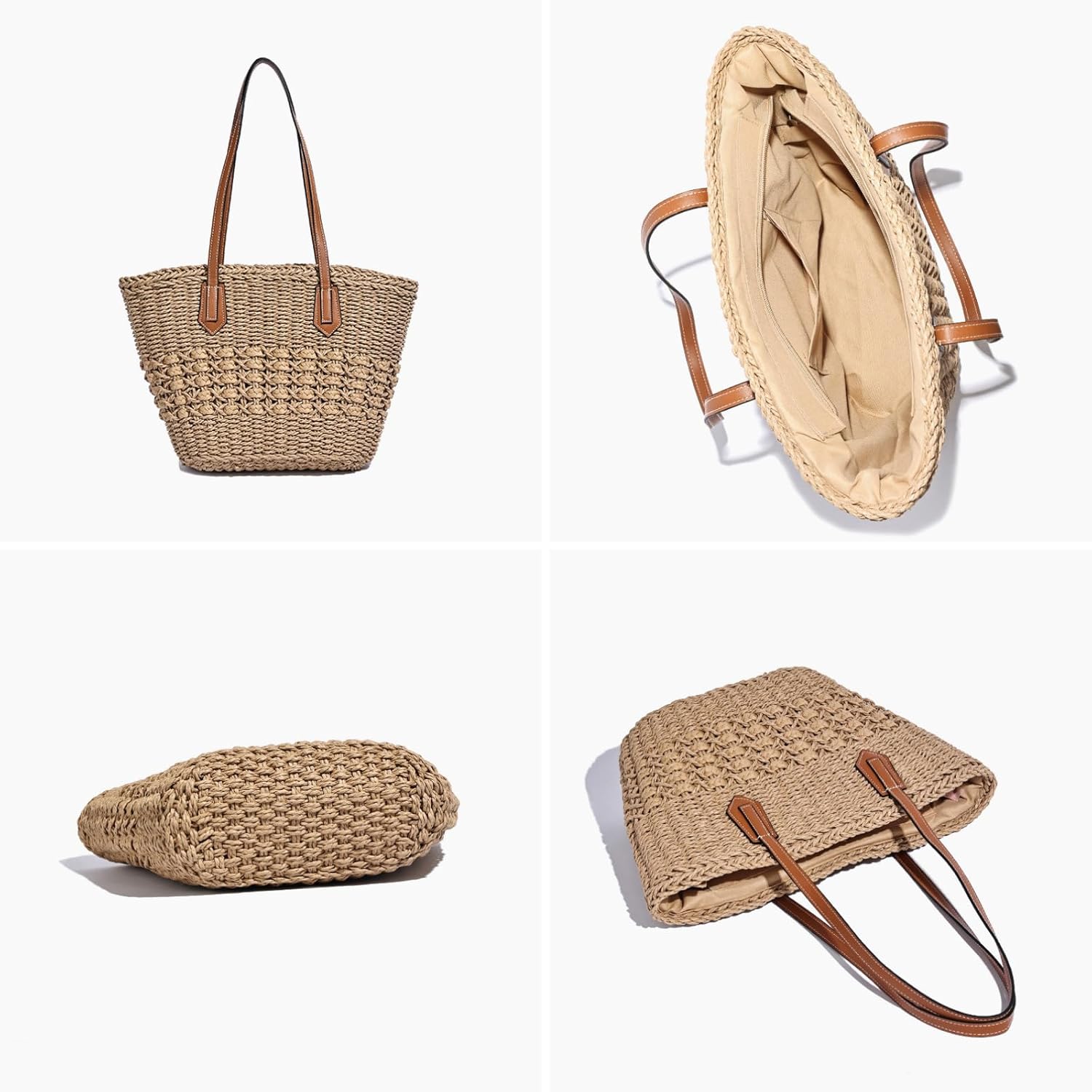 Women's Straw Shoulder Bag Large Rattan Woven Tote, Handmade Beach Bag Summer Purse with Zipper Closure - Image 4