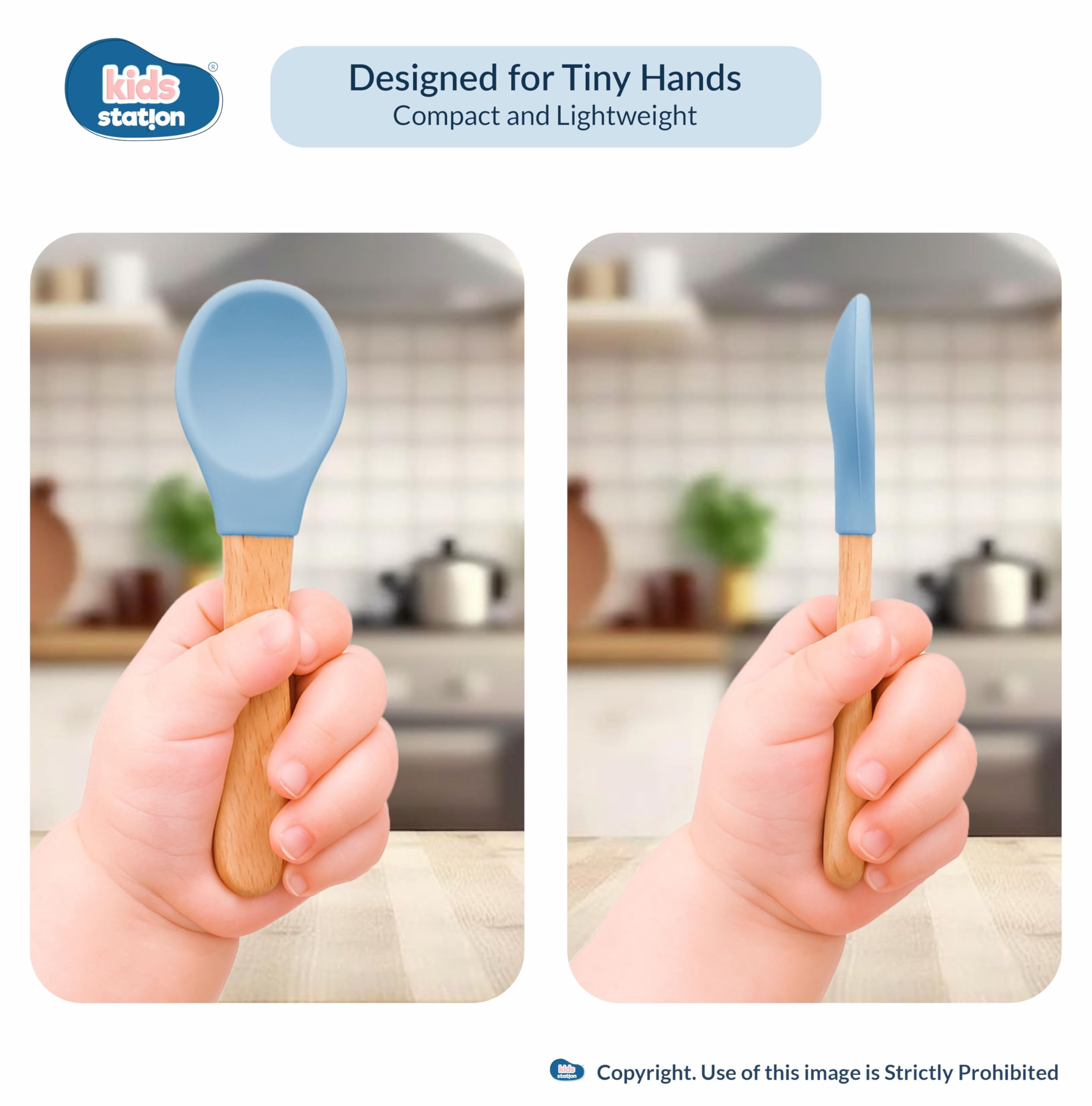 Kids Station Rabbit Wooden Feeding Bowl with Spoon for Babies – Blue | Eco-Friendly Self-Feeding Baby Tableware Set (2 pcs, Blue) 4