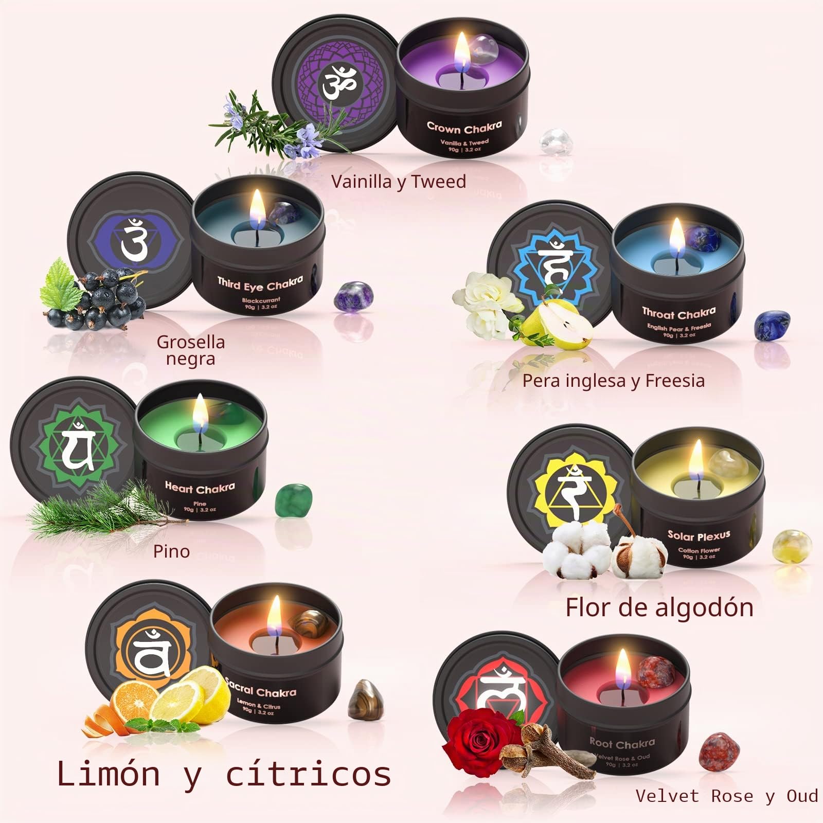 Inspireyes Velas de Chakras con Cristales y Piedras Aromáticas - Juego de Lujo para Meditación, Yoga y Decoración Espiritual