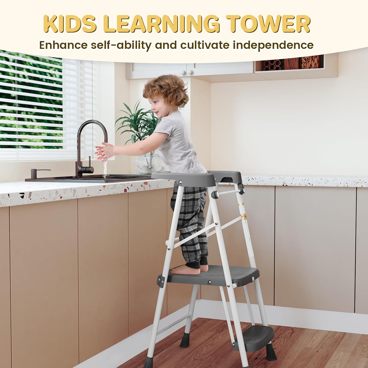 HBTower Lernturm Tower für Kinder, mit Kippschutz & Anti-Rutsch, mit Einer fallsicheren Stange, Leicht Tritt-Schemel Kinderschemel-Trittfläche für Kinder ab 1 Jahr (Klappbar) Learning Tower