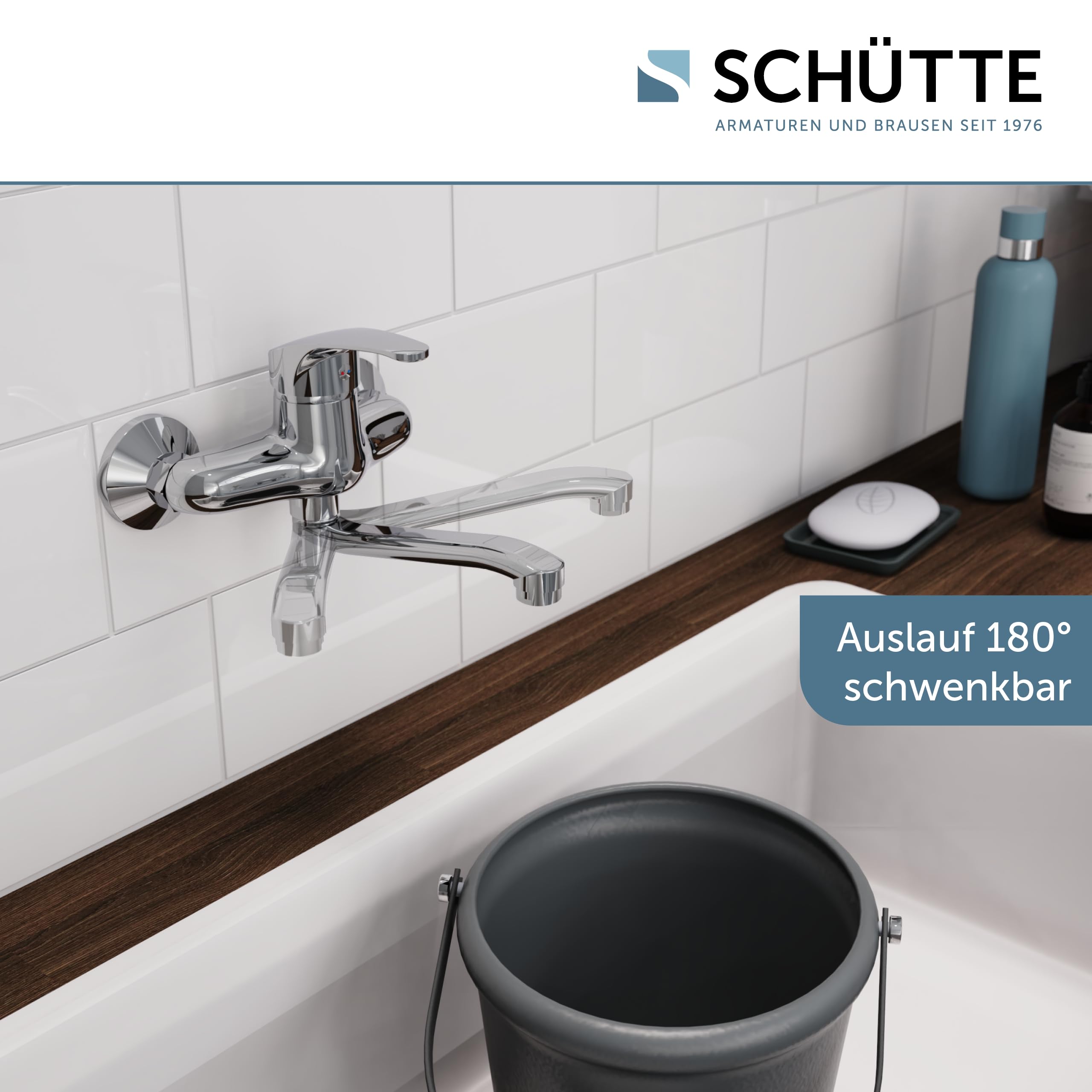 SCHÜTTE 36760 ORAZI Kran Ścienny, Chrom, Armatura 360°, Idealna do Podwójnych Zlewów, Bateria Mieszakowa do Montażu na Ścianie w Kuchni/Umywalce