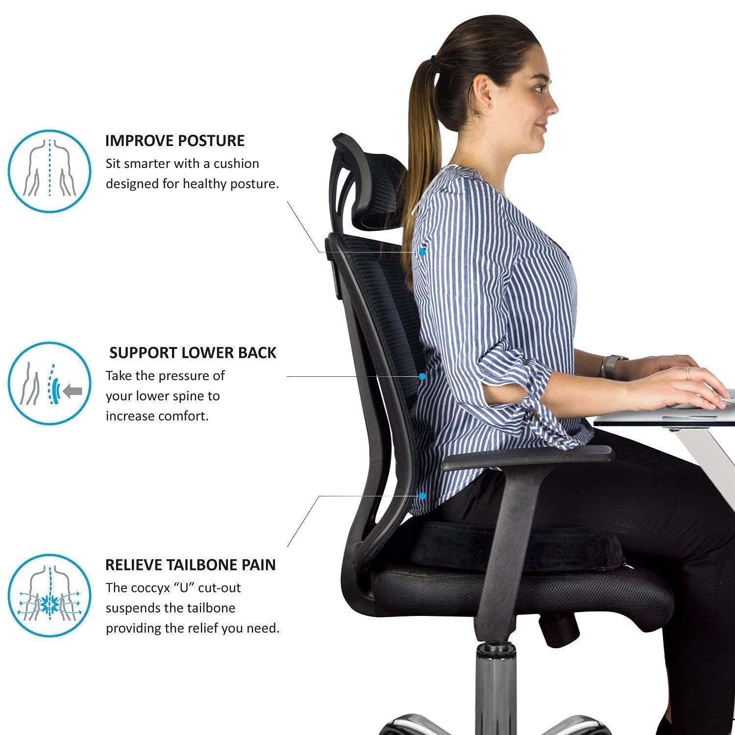 Eder Care Doctor Recommended Premium Orthopedic Foam Coccyx Seat Cushion for Tailbone Pain Relief, Sciatica Pain Relief Hip Support, Lower Back Support with Removable Cover, Blue, Pack of 1 4