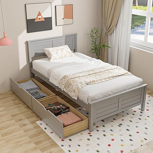 Wood Twin Bed with 2 Storage Drawers, Solid Wood Platform
