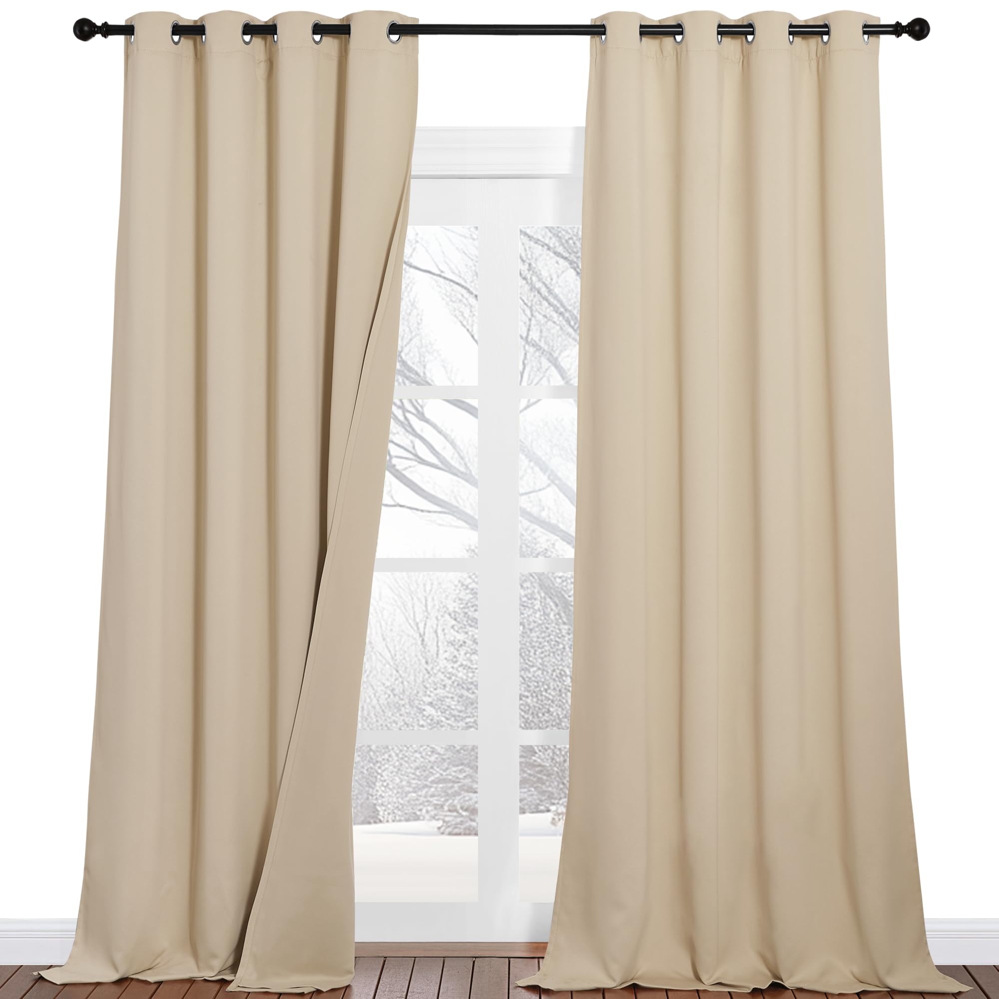 PONY DANCE Cortinas Insonorizantes de Salon 2 Piezas 132x240 CM Cortinas de Tres Capa Opacas Termicas Aislantes Frio y Calor con Ojales 100% Blackout, Beige Oscuro
