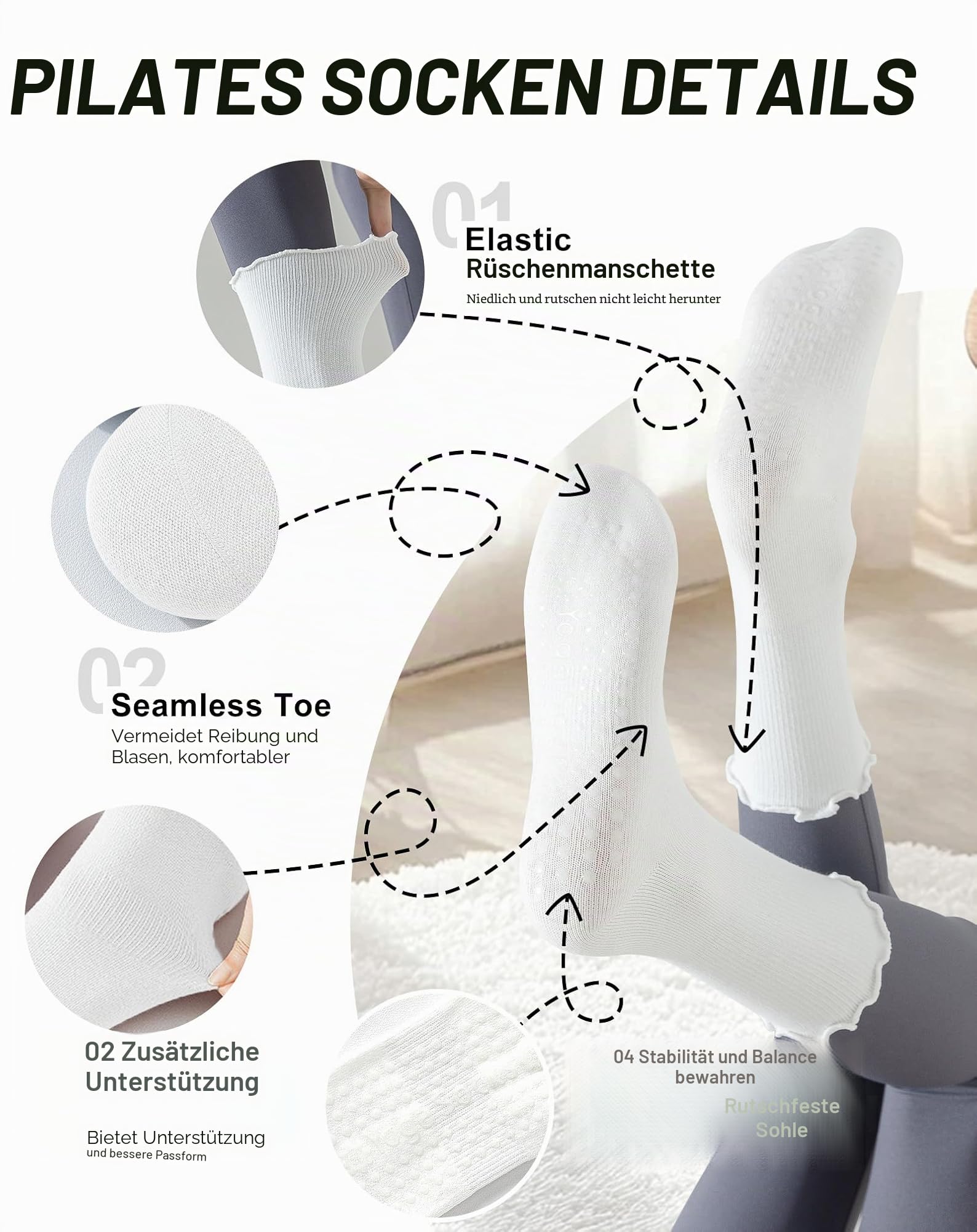 Yawlsow 4 Paar Yoga Pilates Grip Socken für Damen Frauen Rutschfeste Baumwolle Crew Stoppersocken für Barre Tanz Krankenhaus Fitness Trampolin Kampfsport Ballett Zuhause