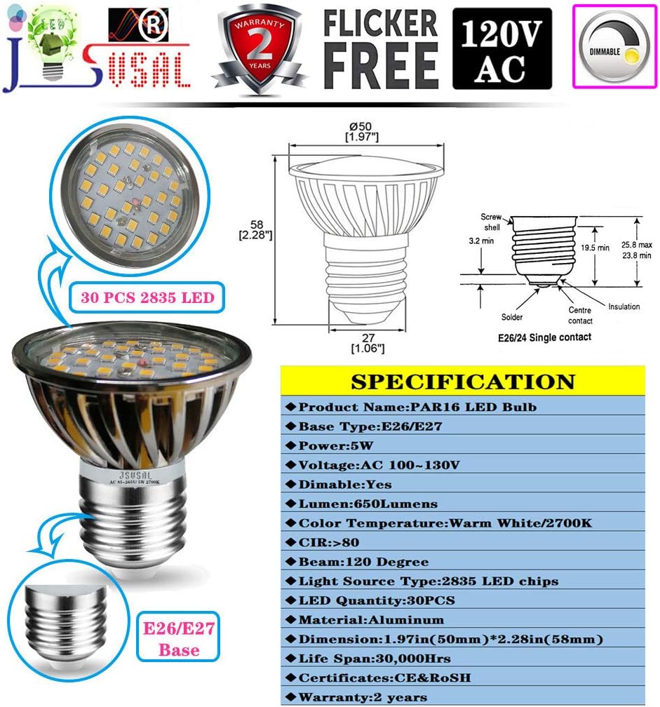 JSVJSVSAL PAR16 E26/E27 JDR LED Short Neck Bulb,Dimmable,5W AC 120V,35W-50W Halogen Bulbs Replacement,Aluminum Casing,500lm,2700K Warm White,120 Degree Wide Beam Floodlight Bulb,6-Pack