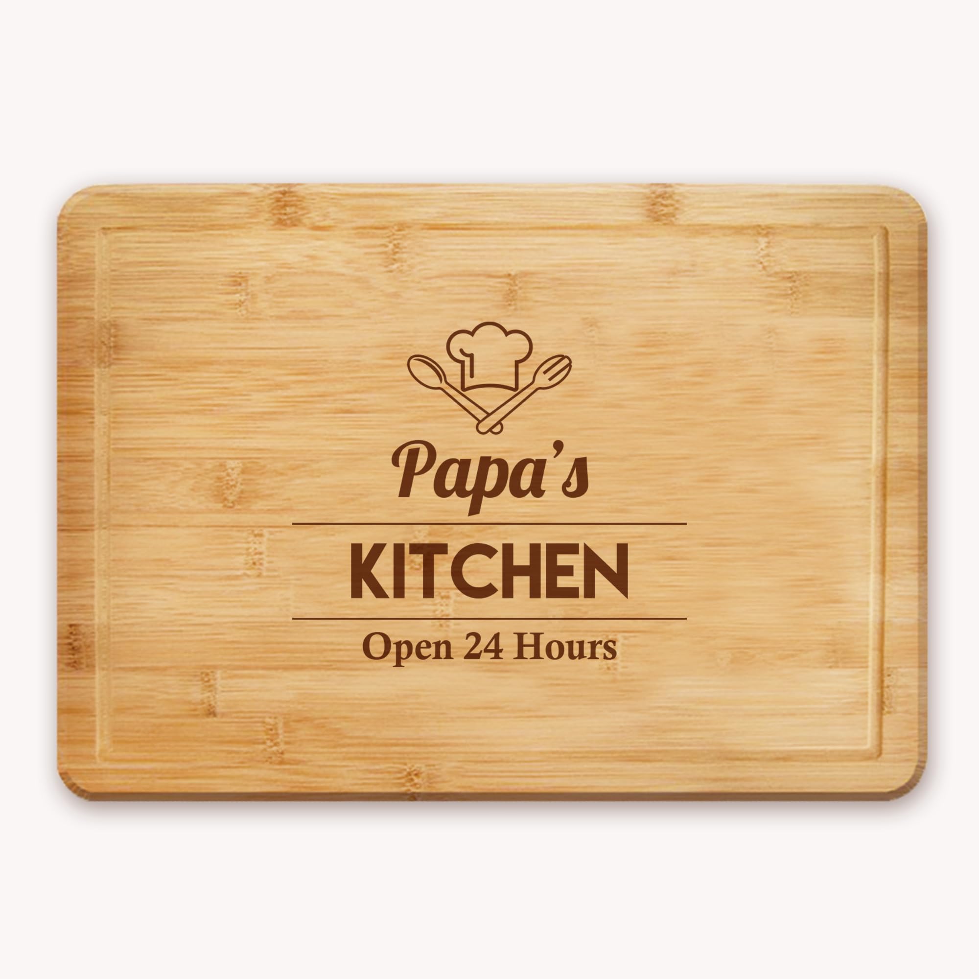 Laser Engraved Bamboo Chopping Board for Dad | Cheese Board | Cutting Board with a Chef Hat and The Wording Papa's Kitchen Open 24 Hours