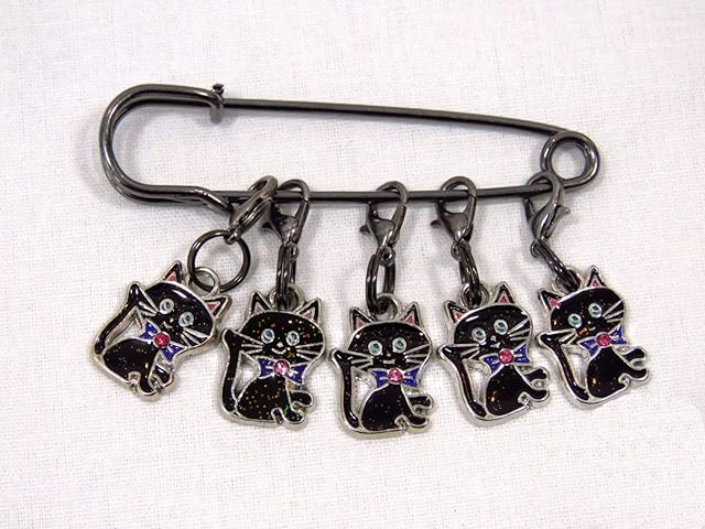 Charmed Knitting Lucky Black Cats - Crochet Stitch Markers - Enamel set of 5 or stocking filler for those who love Crochet