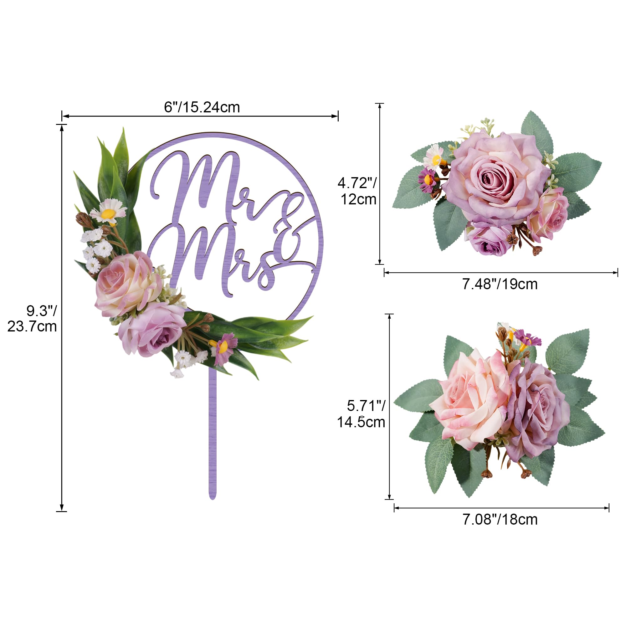 1 Pièce Bois Mr&Mrs Cake Topper Mariage & 2 Pièces Roses Violette‌s 3D Fleurs Artificielles Décoration Gâteau Mariage（Violet‌）