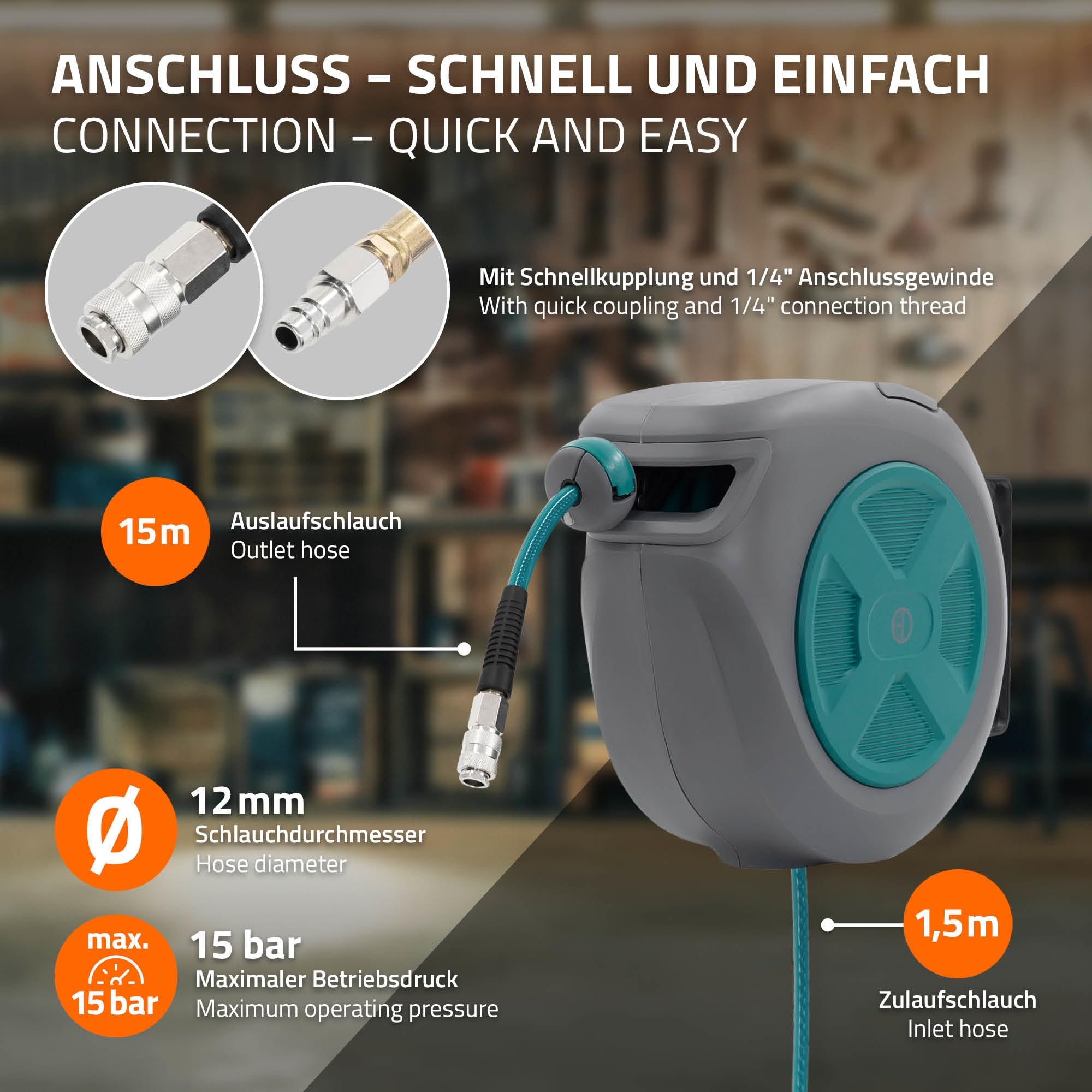 ECD Germany Carrete de Manguera de Aire Comprimido 15m + 1,5m Enrollador de Recogida Automática Conexión de 1/4" máx. 15 bar, Giratorio 180°, Ø12mm Portamangueras de Jardín con Kit de Montaje en Pared