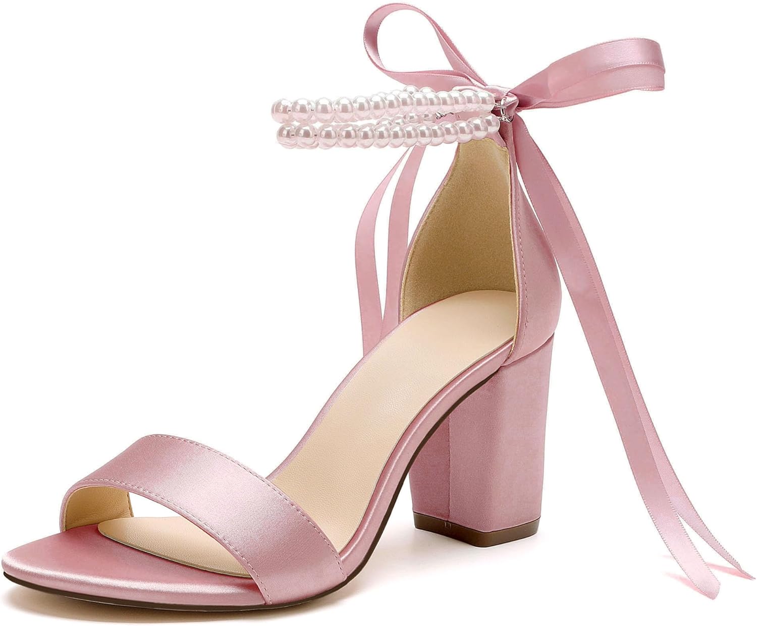 Women's Open Toe Pearl Wedding Shoes for Bride High Heels Sandals Satin Bridal Block Chunky Heels Ankle Strap Prom Evening Party Pumps