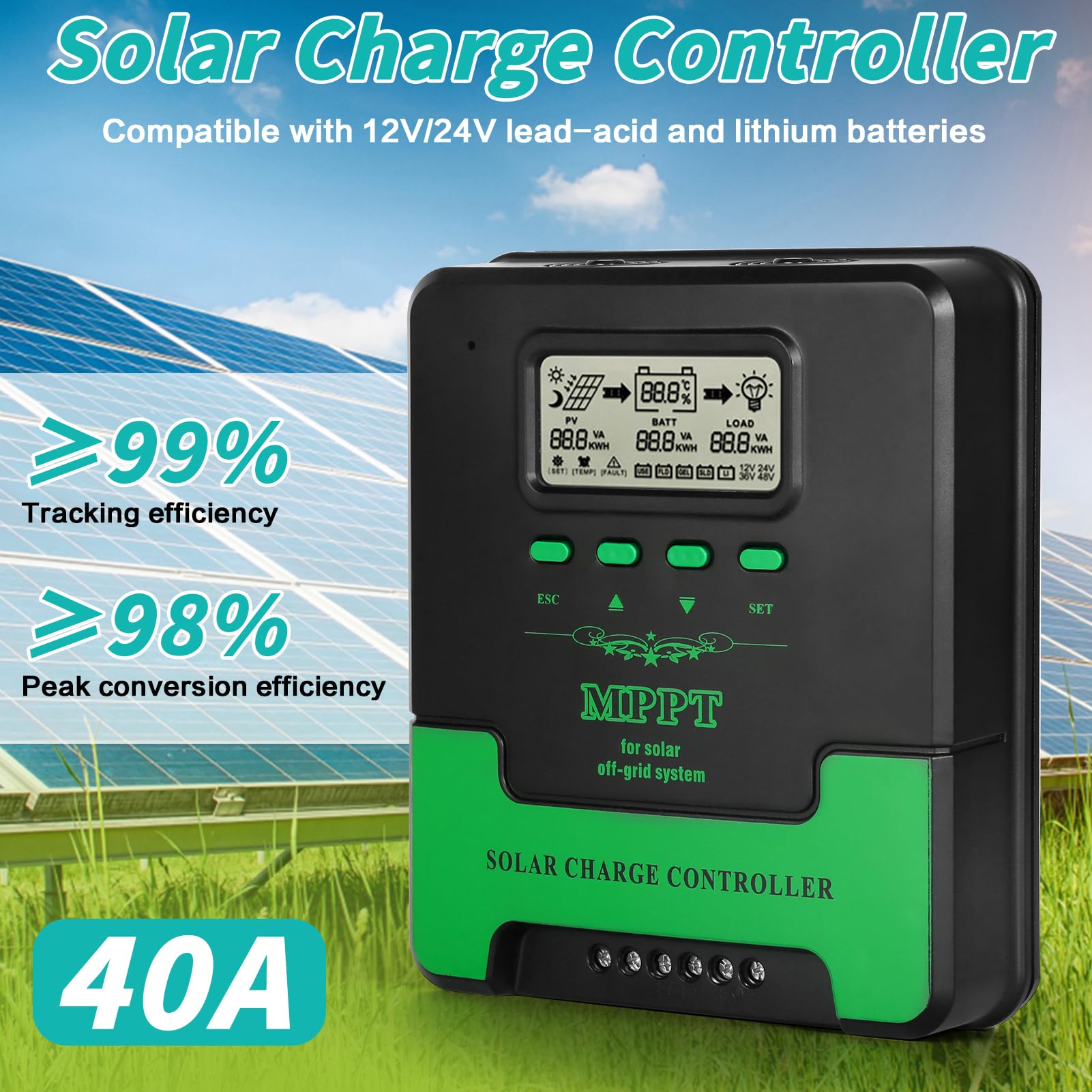 BuyWeek 40A Controlador de Carga Solar MPPT, Regulador de Carga Solar 12/24V Automático, Máxima 100V, Pantalla LCD, Controlador Inteligente para Litio Sellada Gel AGM Plomo ácido