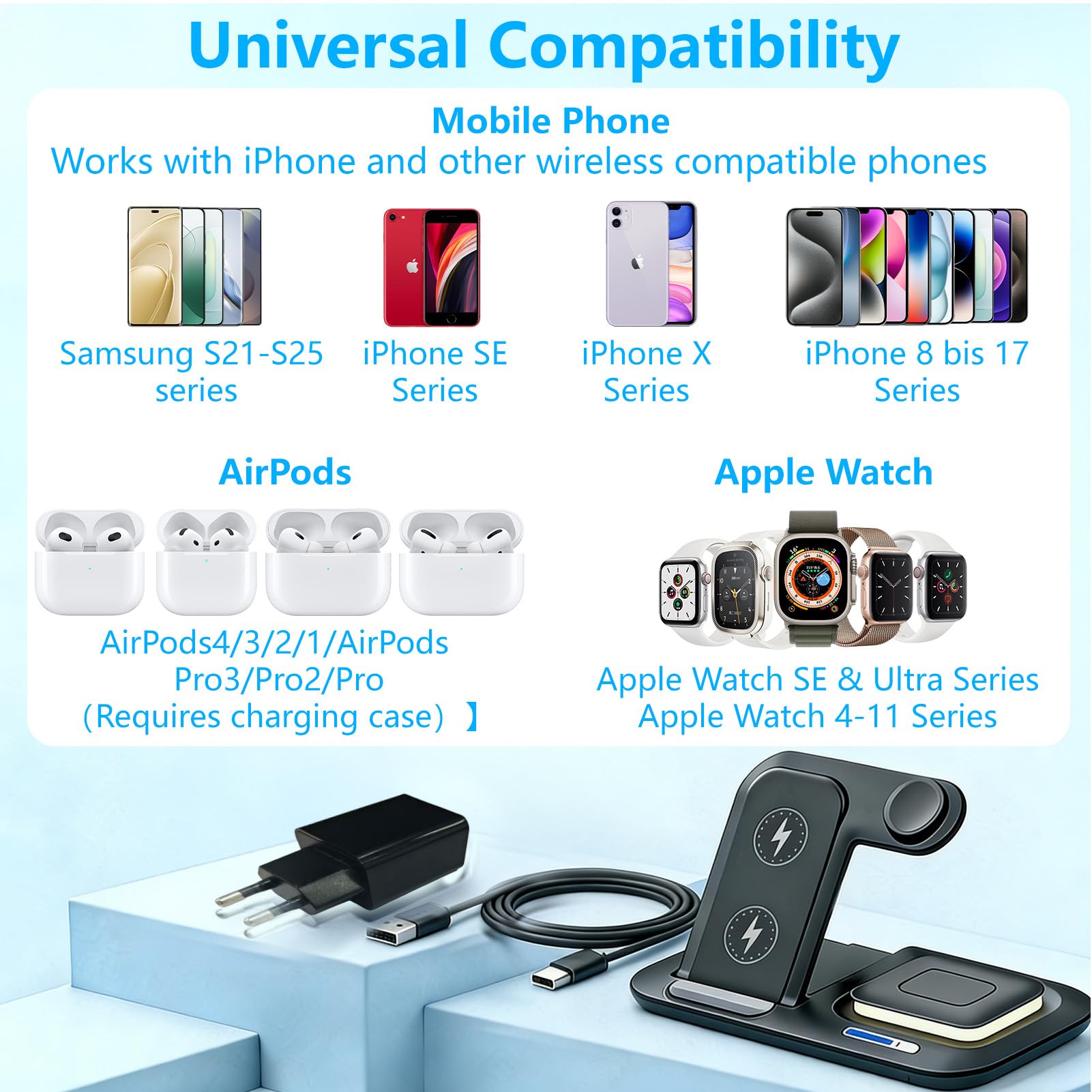 Bezprzewodowa łAdowarka,Stacja łAdująCa 3 w 1 do iPhone 17 16 15 14 13 12 11/Pro/Max/Plus,Indukcyjna Bezprzewodowa łAdowarka z Lampką Nocną do Apple Watch 10/9 z Airpods 3/2/Pro,Ciemnoczarna