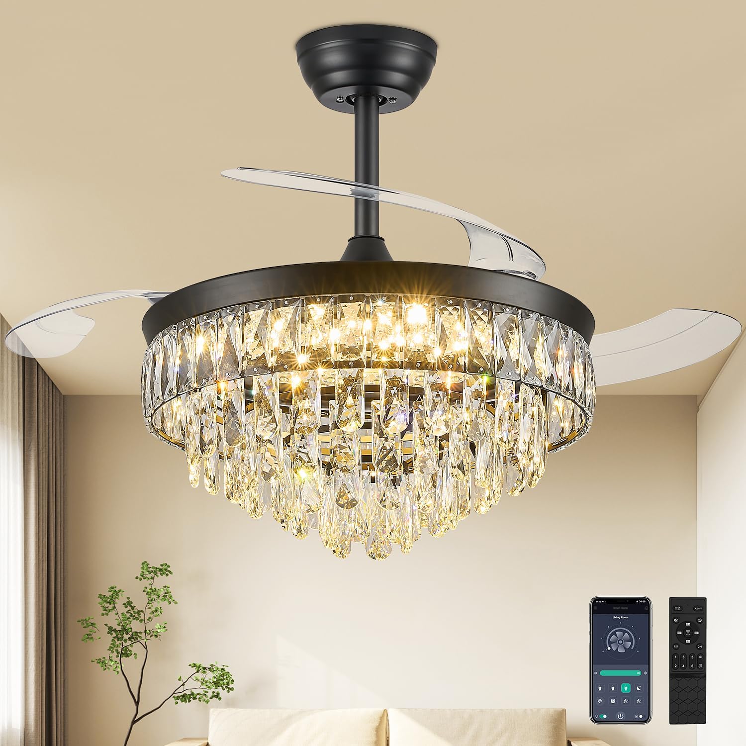 42'' Chandelier Ceiling Fan with Lights, Retractable Fan with Remote and APP, Crystal Fandelier Ceiling Fan, Dimmable LED, Reversible Motor, Quiet for Bedroom Living Room-Black Black 42 Inch