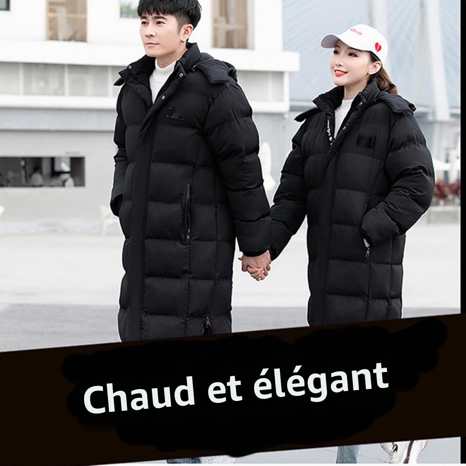 ANUFER Unisexe Hommes Femmes Longues Veste Bouffante Thermique Coton Rembourré Manteau d’Hiver avec Capuche Amovible